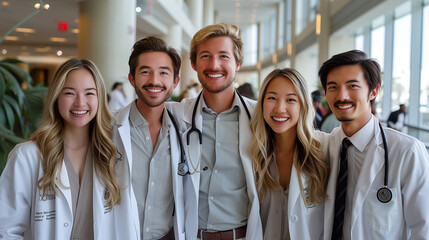 Fototapeta premium Bright future of medicine, a group of doctors encapsulated in the lobby's luminous embrace.
