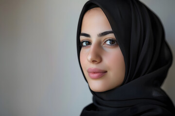 Naklejka premium Closeup portrait of beautiful Arabic Female in Hijab, isolated on light background
