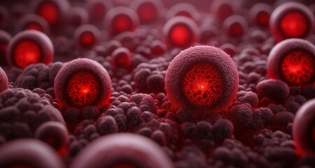  Close-up of glowing red cells in a cluster, possibly bacteria or viruses, with a dark background
