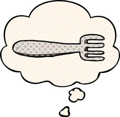 cartoon fork and thought bubble in comic book style