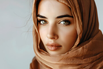 Closeup portrait of beautiful Arabic Female in Hijab, isolated on light background