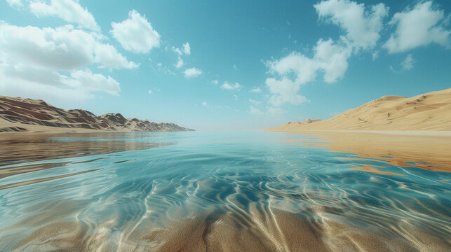 Arid ocean in a desert landscape where water meets sand