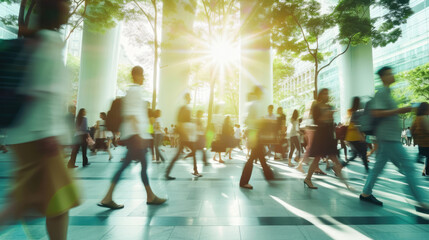 Generative AI, people walking on green office space, motion blur effect, environment concept
