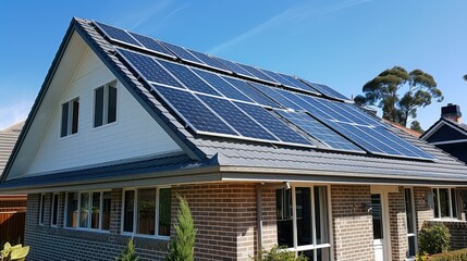 Fototapeta premium Modern solar panels installed on the rooftop of a suburban house, sleek design, during a sunny day. Generative AI.
