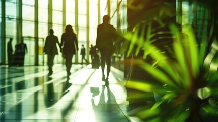 Generative AI, people walking on green office space, motion blur effect, environment concept