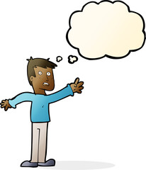 cartoon worried man reaching with thought bubble
