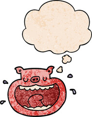 cartoon obnoxious pig and thought bubble in grunge texture pattern style