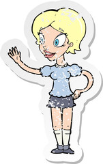 retro distressed sticker of a cartoon waving woman