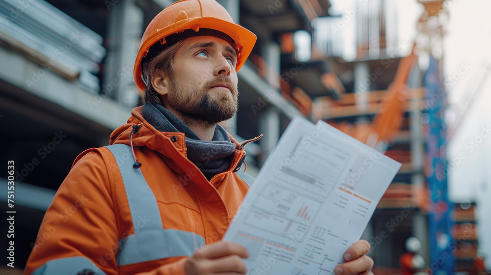 Poster engineer inspection building at a construction site with documents. generative ai.
