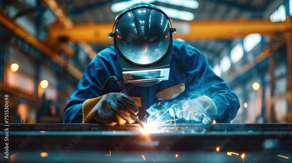 Poster Worker in dark blue workwear with safety helmet and goggles welding a metal structure or machine part on a workbench in a factory. Generative AI.