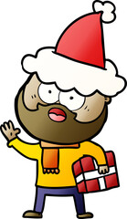 gradient cartoon of a bearded man with present wearing santa hat