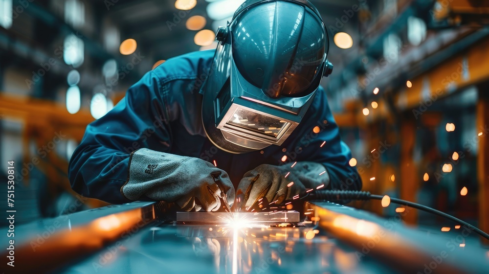 Poster Worker in dark blue workwear with safety helmet and goggles welding a metal structure or machine part on a workbench in a factory. Generative AI.