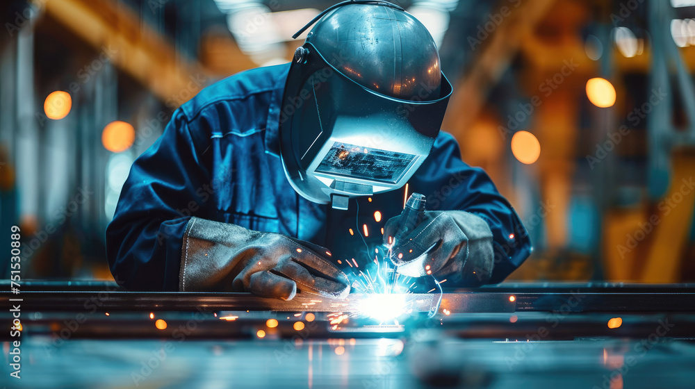 Poster Worker in dark blue workwear with safety helmet and goggles welding a metal structure or machine part on a workbench in a factory. Generative AI.