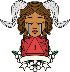 crying tiefling with natural one D20 dice roll illustration