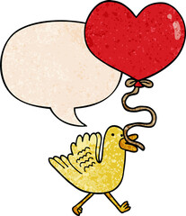 cartoon bird and heart balloon and speech bubble in retro texture style