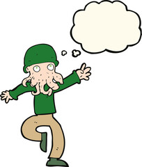 cartoon alien monster man with thought bubble