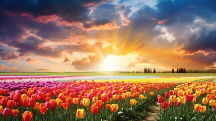 Blooming pink tulips with sunset and clouds over a field - obrazy, fototapety, plakaty