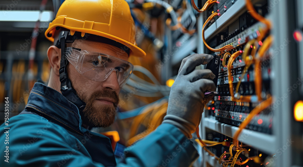 Poster professional electrician measuring the current flow in an electrical panel using an ammeter. generat