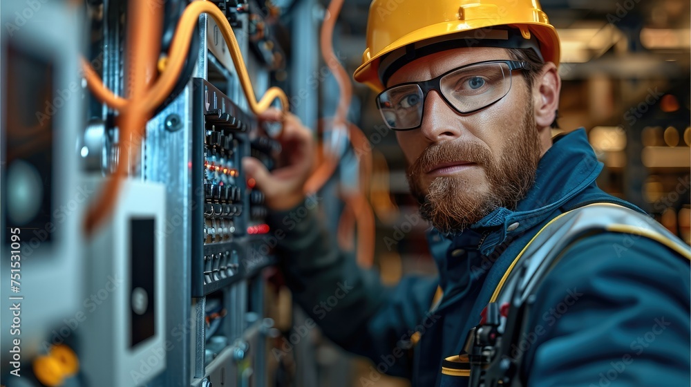 Poster Professional electrician measuring the current flow in an electrical panel using an ammeter. Generative AI.