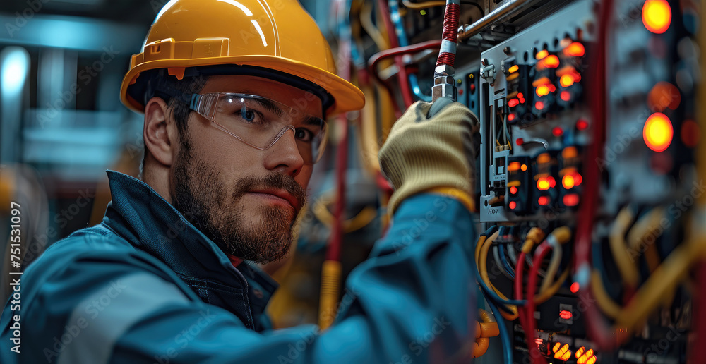 Poster Professional electrician measuring the current flow in an electrical panel using an ammeter. Generative AI.