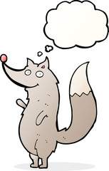 cartoon waving wolf with thought bubble