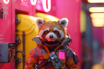 Reflective Adventure: Red Panda Character in Studio Setting. Created with Generative AI