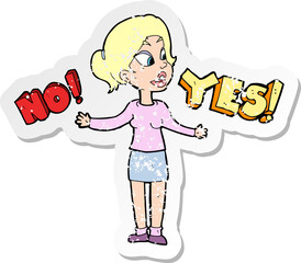retro distressed sticker of a cartoon woman making choice