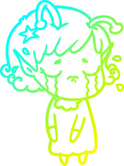 cold gradient line drawing cartoon crying alien girl