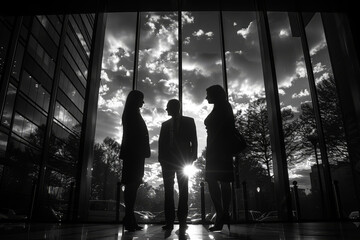 Office, silhouette and business group of people working in large office, conference room or stock market. Blurry, silhouette and background for meeting, company and conference in modern times