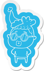 cartoon  sticker of a librarian woman wearing spectacles wearing santa hat