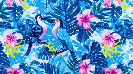 A tropical print with birds and flowers - obrazy, fototapety, plakaty