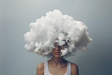 Woman’s head covered with cloud or smoke. Mental health, psychological treatment concept