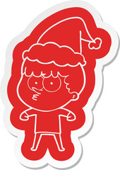 cartoon  sticker of a curious boy wearing santa hat