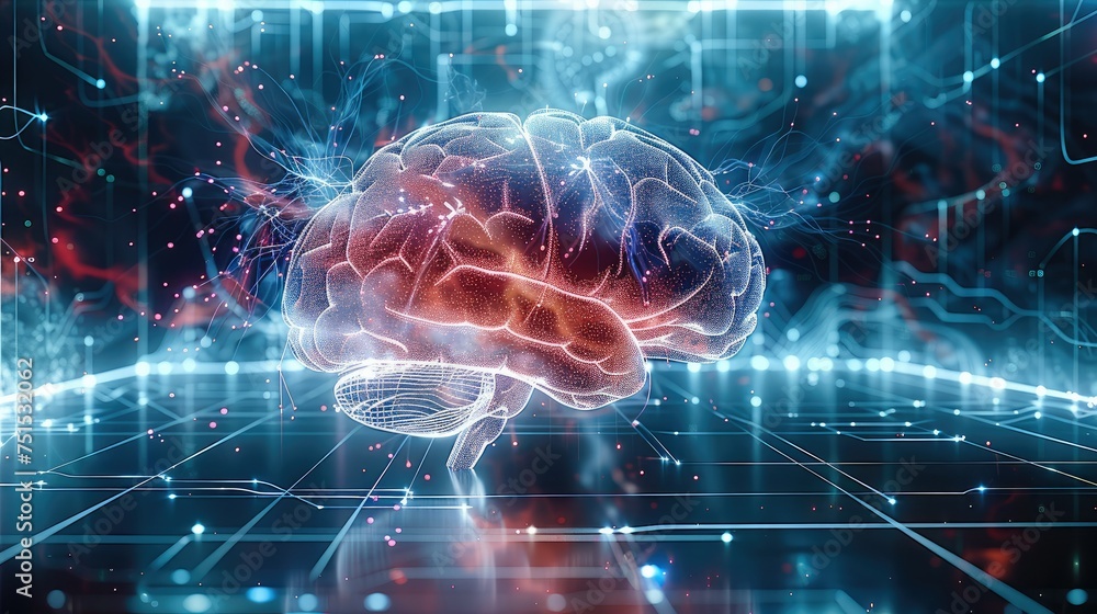Poster sound waves with a brain in the background. futuristic, innovative. generative ai.