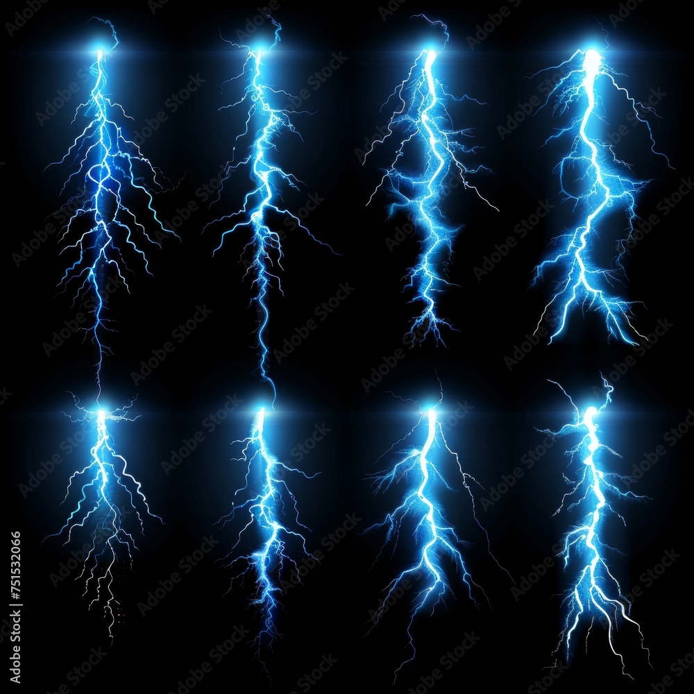 Poster Blue electric, magic thunderbolt strike, impact, crack, wizard energy flash. Cartoon  set isolated on black surface.