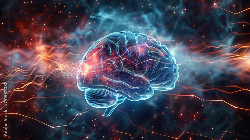Aufkleber sound waves with a brain in the background. futuristic, innovative. generative ai.