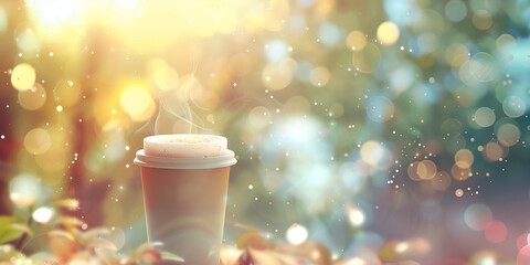 a paper cup of coffee on natural morning sunset background Blurry coffee shop background with vintage tones and bokeh effect - obrazy, fototapety, plakaty