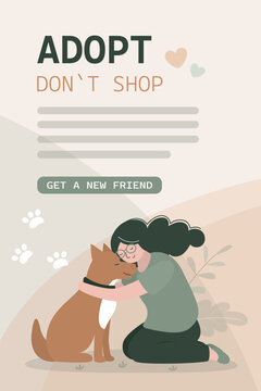 Cute woman petting and hugging dog, text adopt don't shop. calling for animal adoption from shelter. Help homeless pet concept. Vertical banner template.
