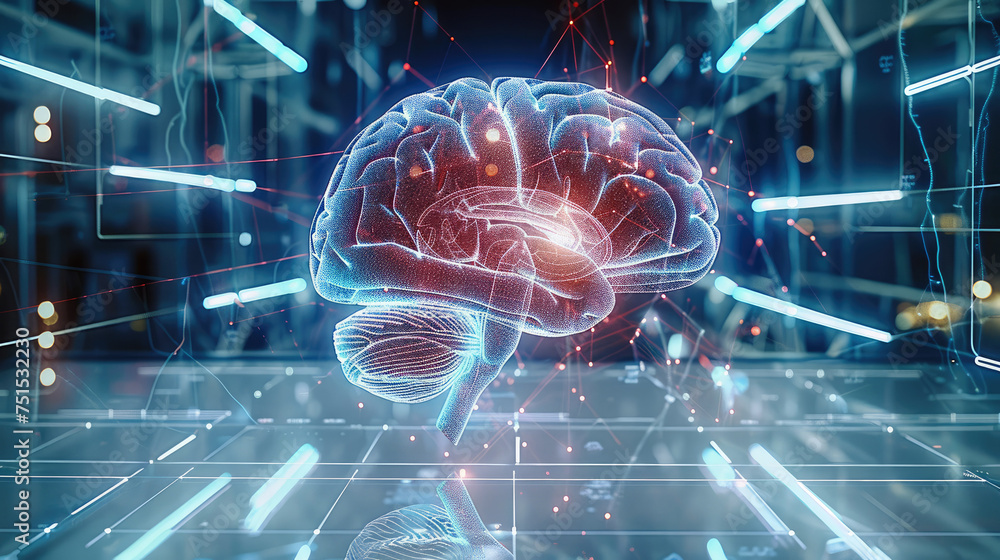 Aufkleber sound waves with a brain in the background. futuristic, innovative. generative ai.