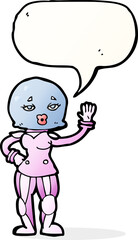 cartoon female astronaut with speech bubble