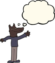 cartoon waving wolf with thought bubble