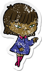 distressed sticker of a cartoon pointing woman