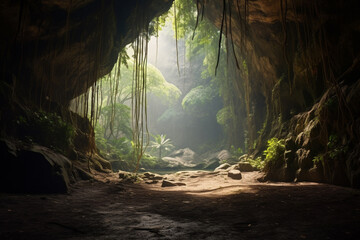 The cave tunnel is illuminated by sunlight from the upper hole	
 - obrazy, fototapety, plakaty