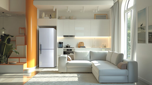 Furniture layout with a double-door refrigerator, clean and simple. Generative AI.