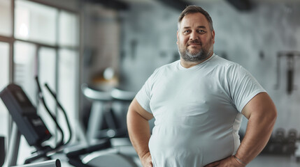 Fototapeta premium Chubby man and woman standing in the gym. Portrait