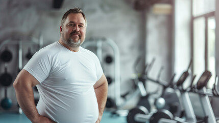Chubby man and woman standing in the gym. Portrait