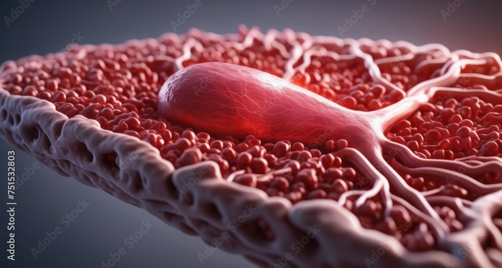 Poster 3d rendering of a red blood cell amidst a network of capillaries