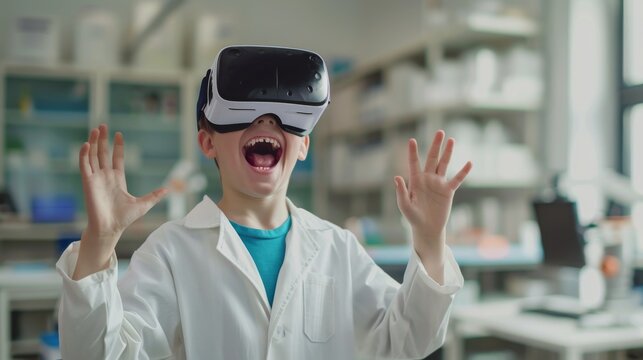 A laughing Caucasian boy wearing virtual reality glasses in a science laboratory, dressed in a lab coat, makes excited gestures as he conducts virtual experiments. Copy space