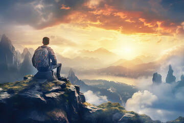 A solitary hiker with a backpack sits atop a mountain peak, gazing at a sunrise amidst a sea of clouds and rugged peaks. Concept travel and exploration, traveling solo, rest and recharge, vacation.