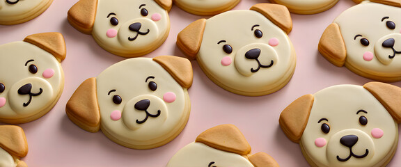 Cute animal face cookies. Cookies shaped like dog faces. Decorated with chocolate.